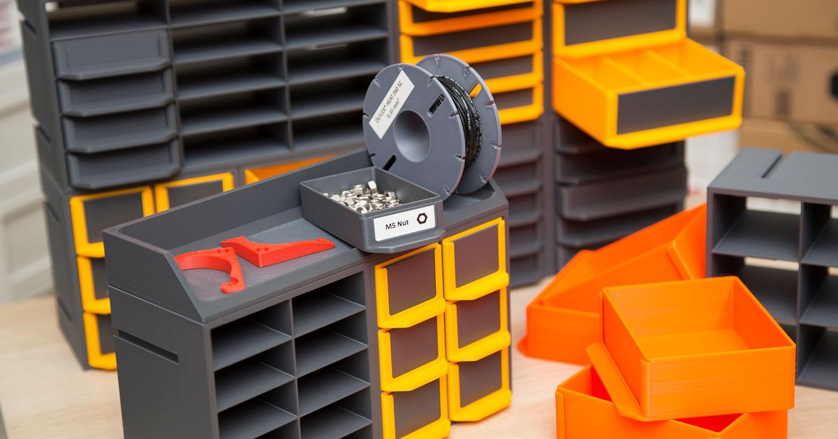 Modular 3D printed shelving and drawer system for small parts, fasteners, and workshop tools