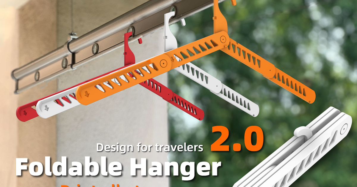 Foldable 3D printed hanger opened for clothing after packing flat for travel or storage