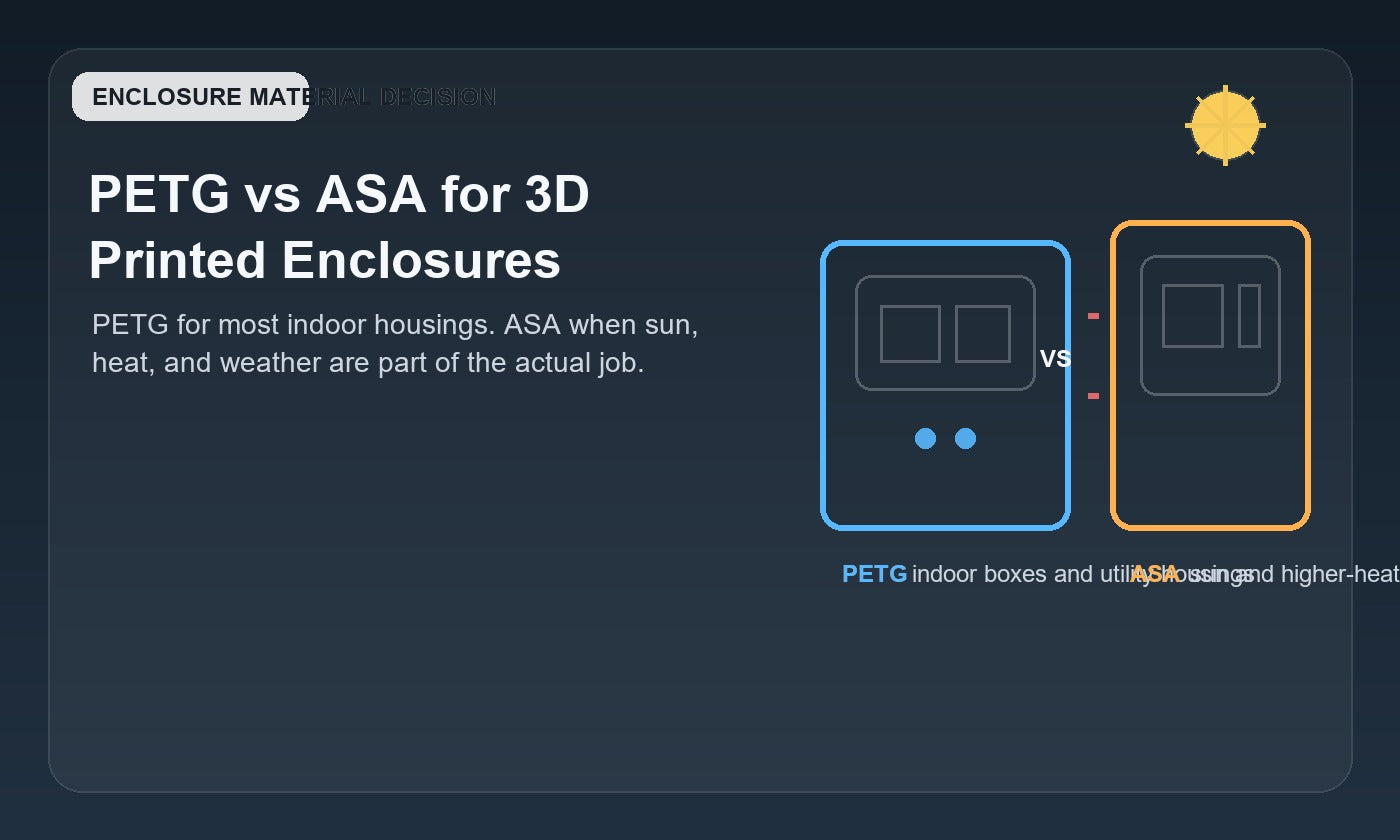 Comparison graphic for PETG versus ASA for 3D printed enclosures, showing PETG for indoor housings and ASA for sun and heat exposure.
