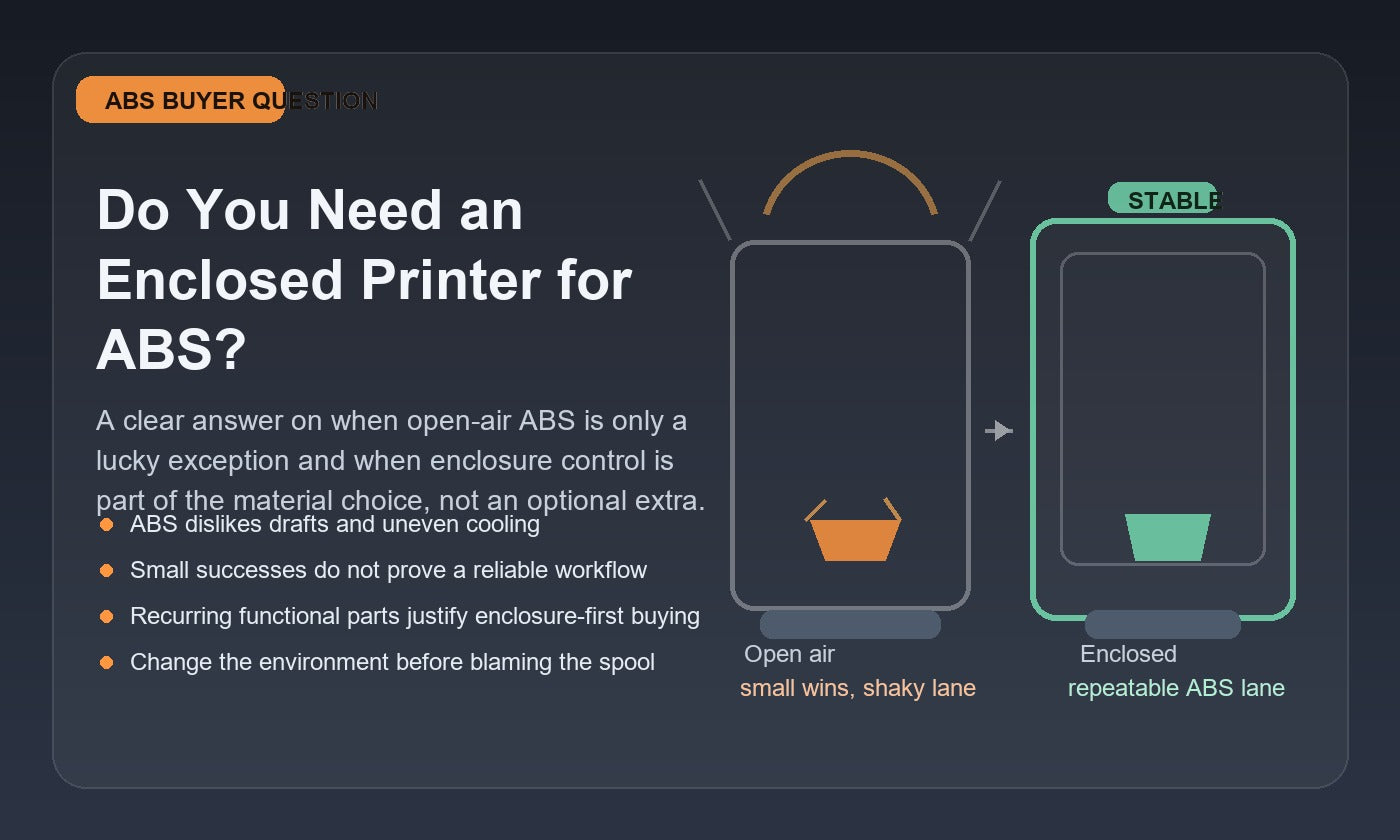 Illustration comparing open-air and enclosed ABS 3D printing, showing unstable open-air printing versus a steadier enclosed workflow.