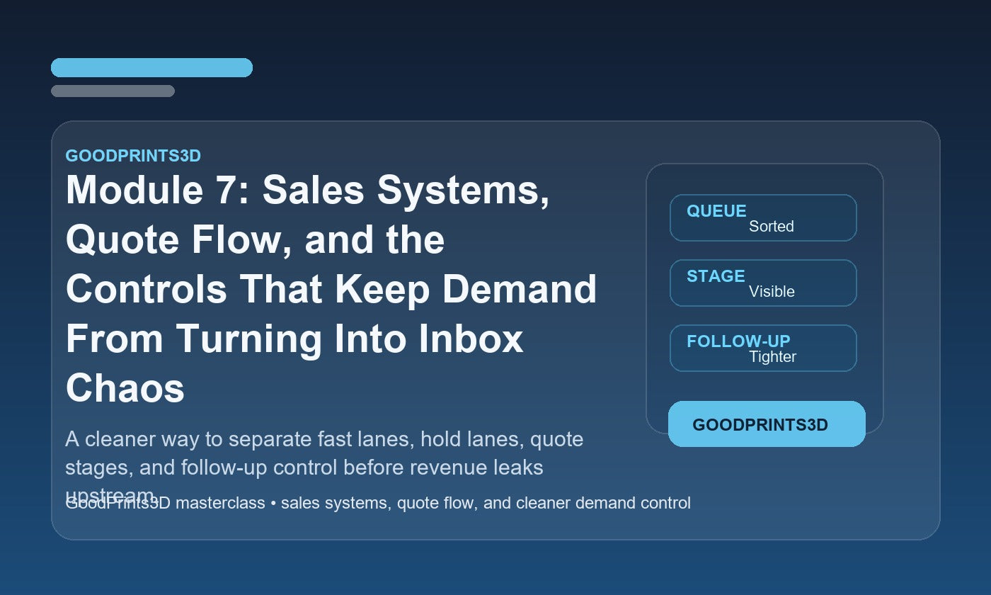 Branded GoodPrints3D image for Module 7 about sales systems, quote flow, and demand control.