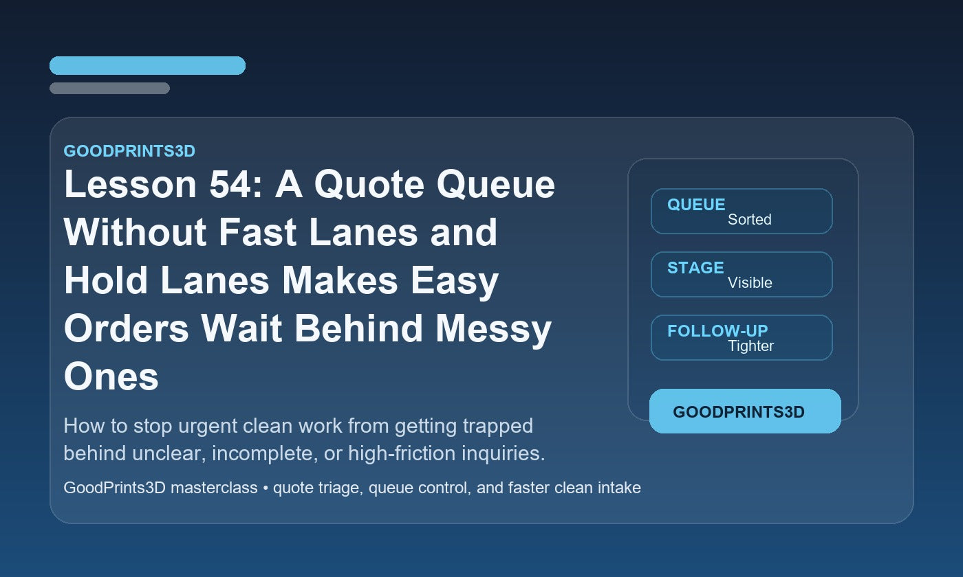 Branded GoodPrints3D image for Lesson 54 about fast lanes, hold lanes, and cleaner quote queue control.