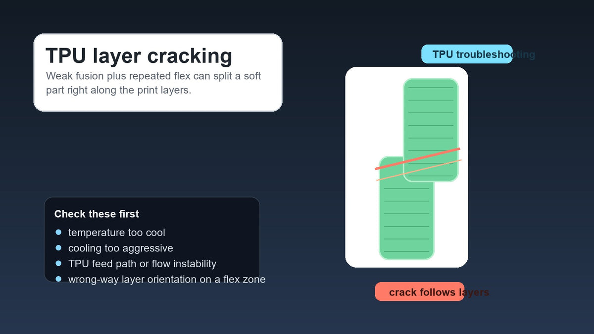 Illustration of a TPU print splitting along the layer lines, showing weak bond zones in a flexible part.