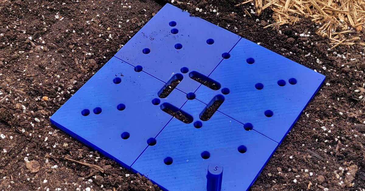 3D printed square foot gardening template used to space seed or seedling positions in a raised bed