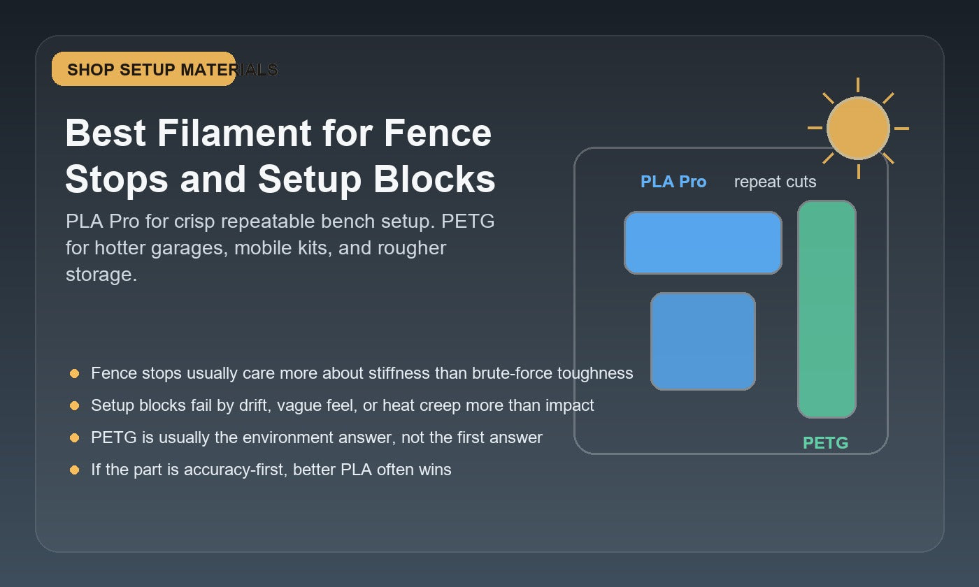 Comparison illustration of PLA Pro and PETG for 3D printed fence stops and setup blocks, with bench setup blocks on one side and hotter rougher-use PETG conditions on the other.