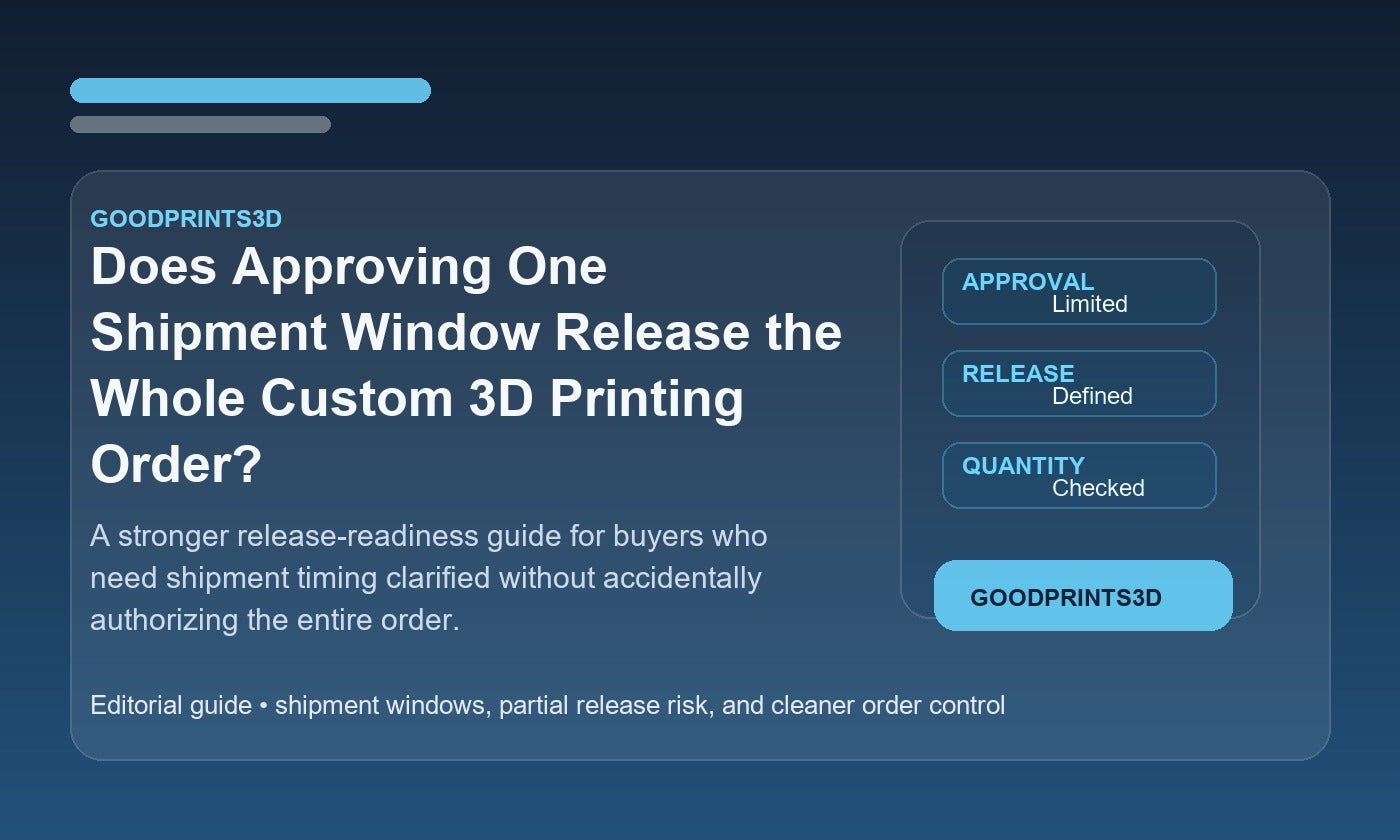 Branded GoodPrints3D article image for a guide about whether approving one shipment window releases the whole custom 3D printing order.