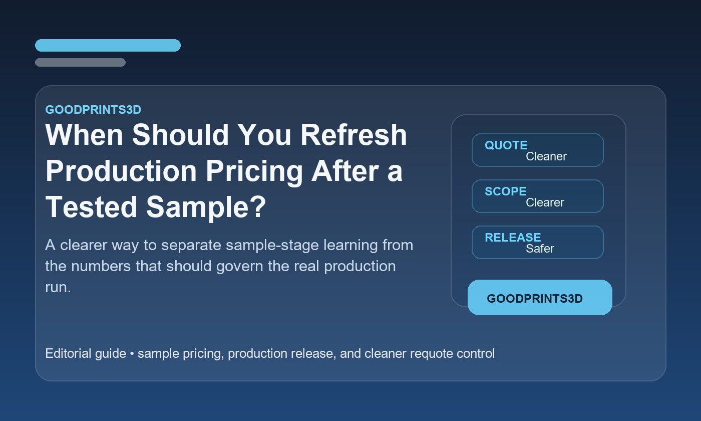 Branded GoodPrints3D article image for a guide about refreshing production pricing after a tested 3D printed sample.