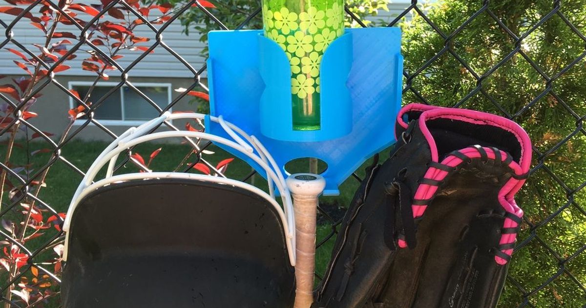 3D printed chain-link fence organizer for baseball or softball gear in a dugout