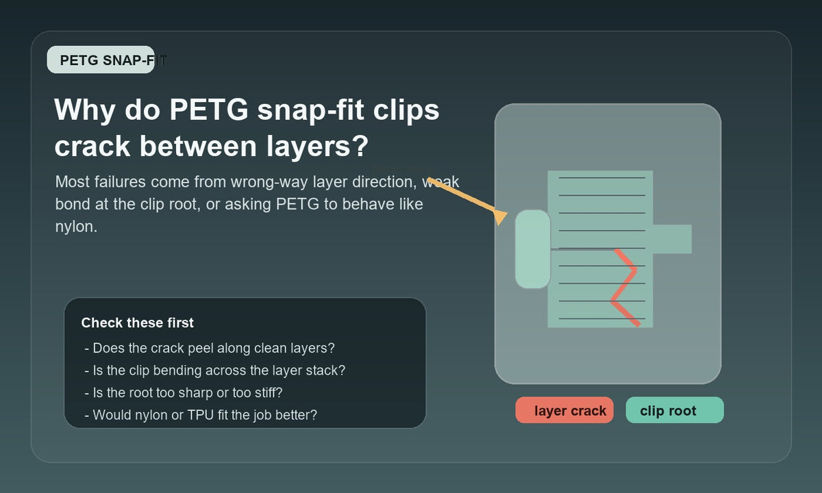 Illustration of a PETG snap-fit clip cracking along the layer lines at the clip root during flex.