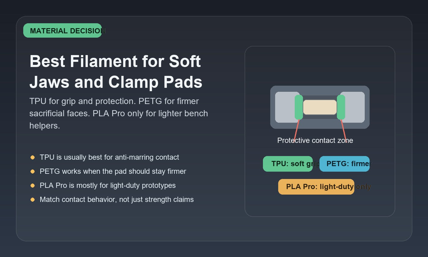 Illustration of 3D printed vise soft jaws and clamp pads comparing TPU, PETG, and PLA Pro for grip, protection, and firmness.