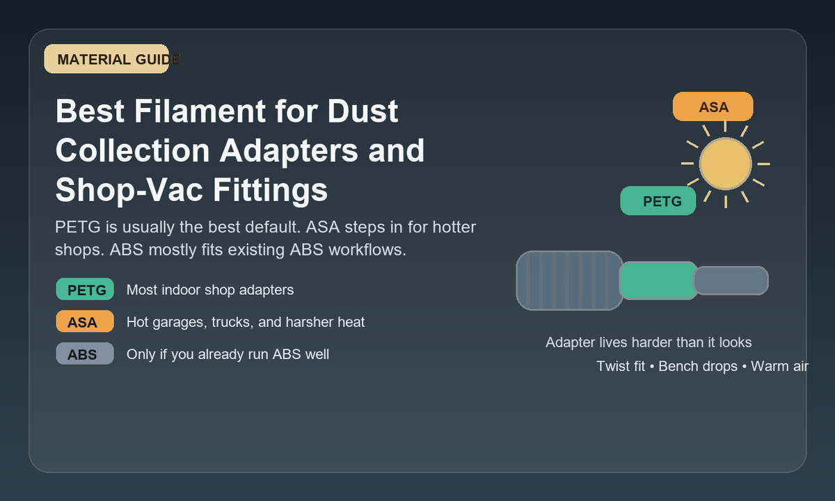 Dust collection adapter and shop-vac fitting filament guide comparing PETG, ASA, and ABS