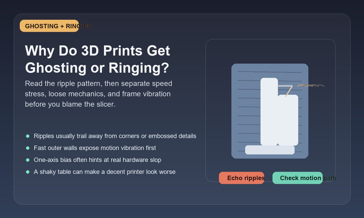 Illustration of a 3D printed wall with repeating ringing ripples after a sharp corner and embossed feature, showing ghosting on the outer surface.