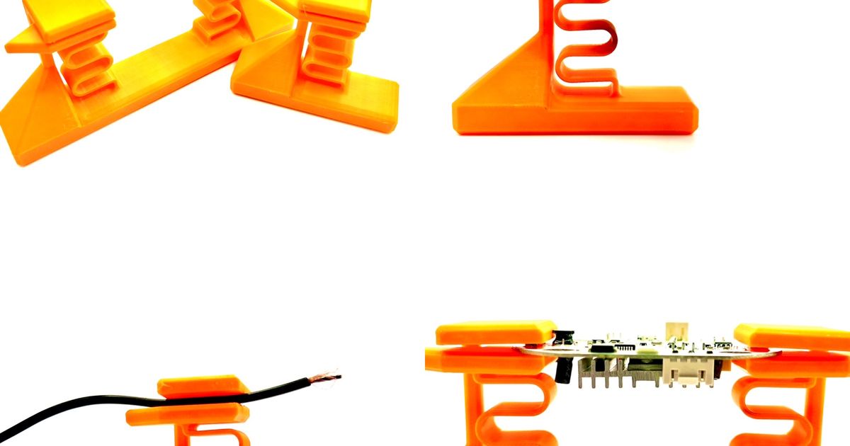 3D printed helping hands style PCB holder supporting small electronics bench work