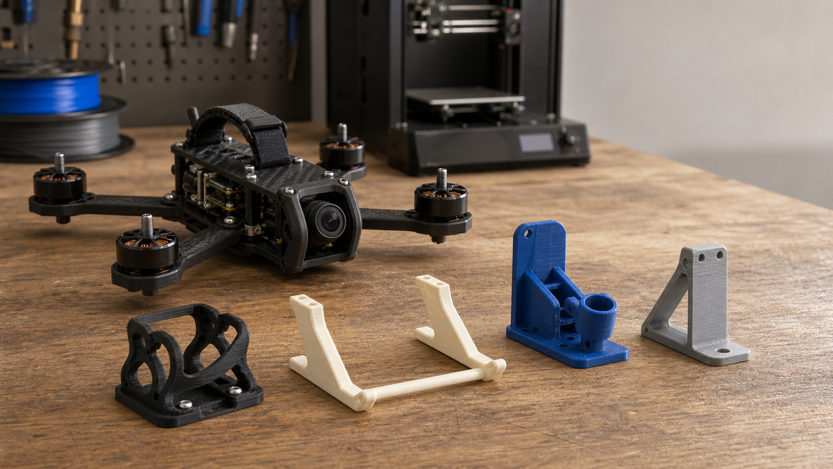Unbranded quadcopter on a workshop bench beside FDM-printed TPU camera mounts, nylon landing gear, a PETG accessory bracket, and a PLA Pro fit-test part.