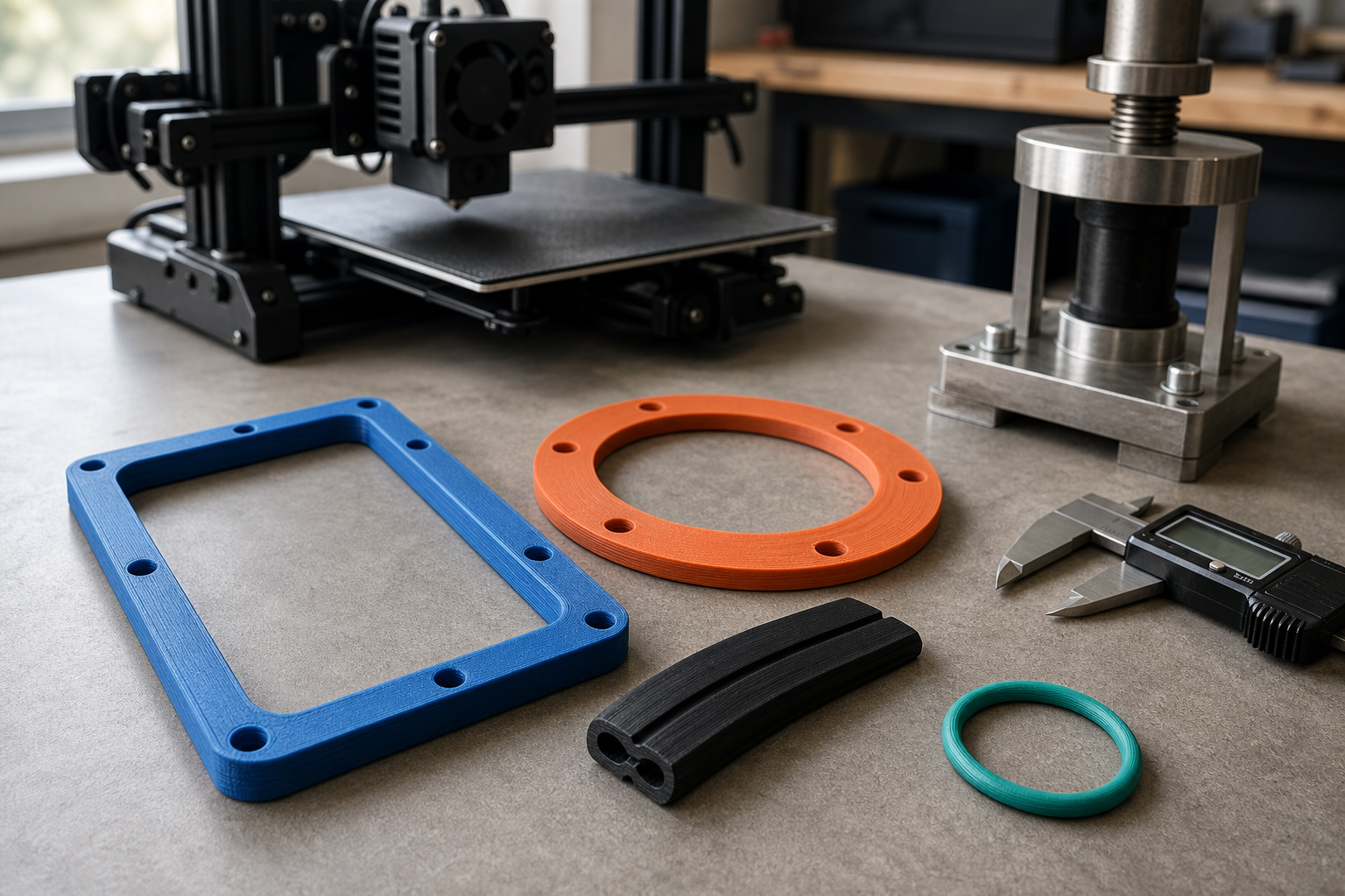 Blue rectangular, orange flange, black strip, and teal ring 3D printed gasket samples beside a caliper and compression-test fixture on a workshop bench.