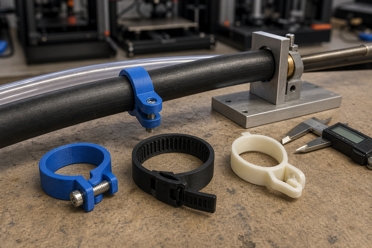 Blue PETG, black ratcheting, and natural nylon-style FDM hose clamps being compared around tubing on a workshop creep-test fixture.