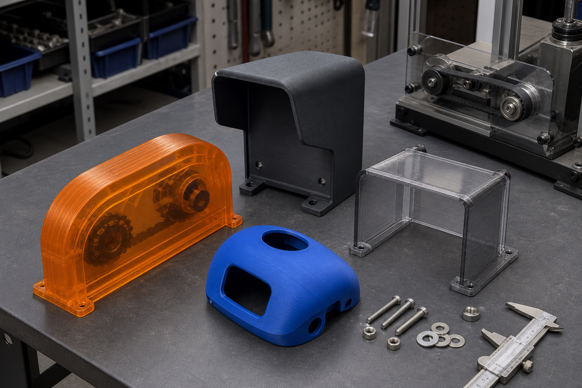 Orange PETG belt cover, dark ASA hood, semi-clear polycarbonate shield, and blue PLA Pro prototype cover printed by FDM and arranged on a workshop bench.