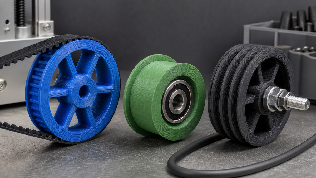 Blue, green, and black FDM printed pulleys and rollers with a timing belt, metal bearing, and shoulder-bolt axle on a workshop bench.