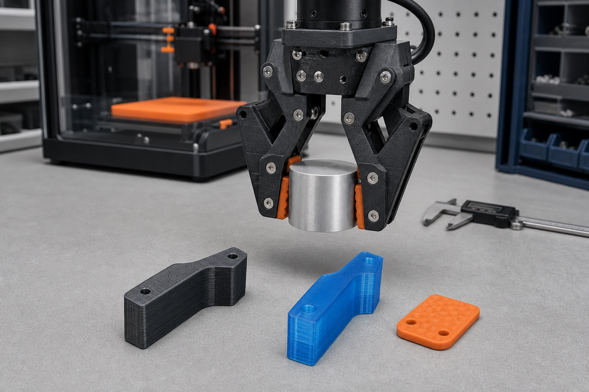 FDM-printed robotic gripper holding an aluminum cylinder beside nylon, PETG, and TPU interchangeable jaw parts on a workshop bench.