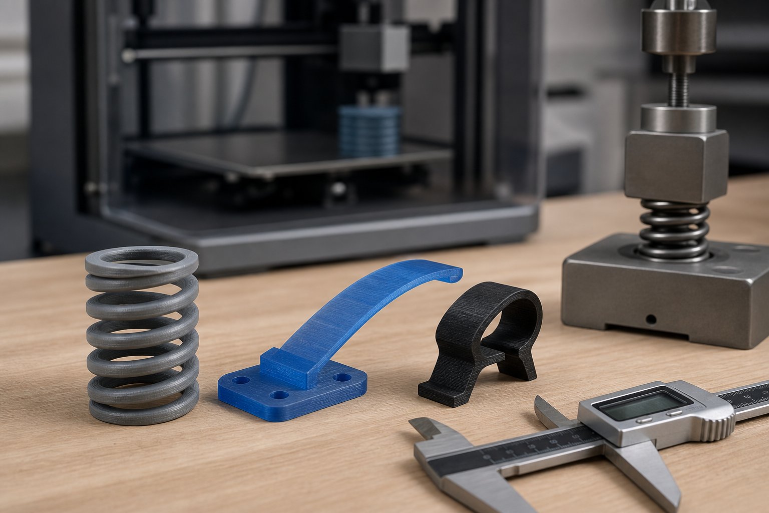 Gray compression coil, blue cantilever spring, and black compliant clip 3D printed on a workshop bench beside a caliper and spring test fixture.
