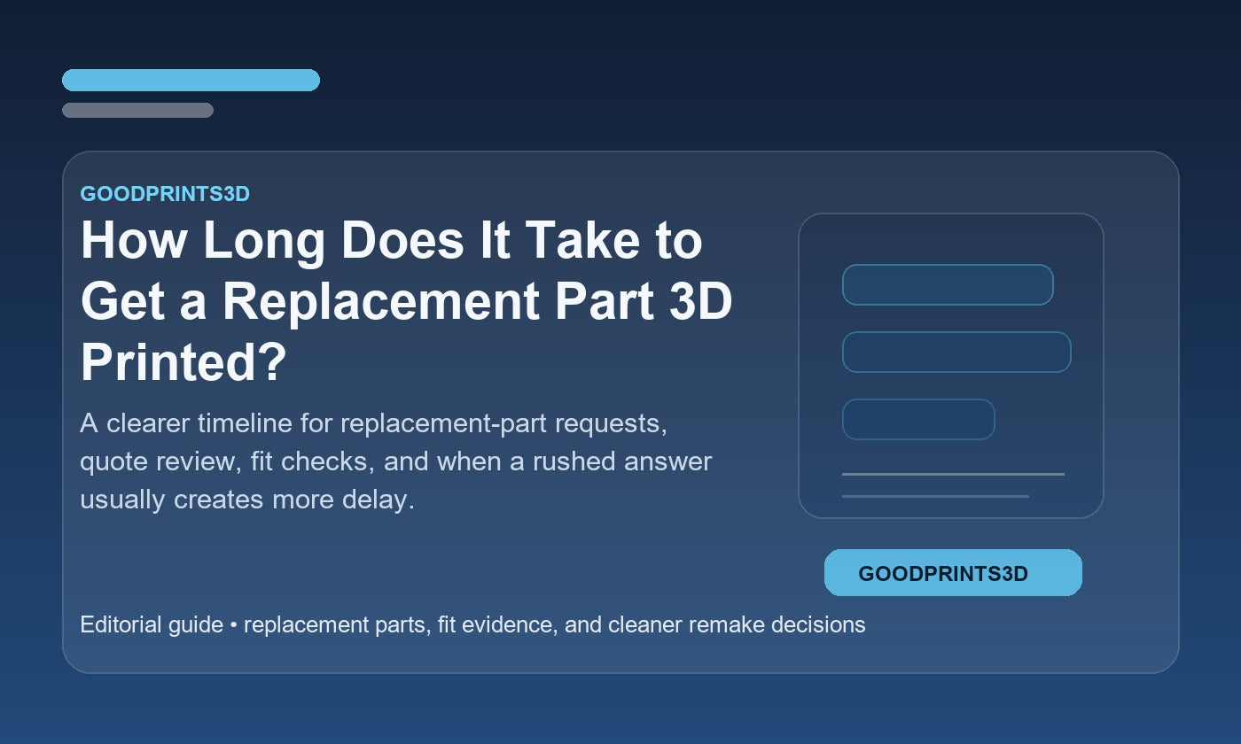 Branded GoodPrints3D article image for a guide about how long it takes to get a replacement part 3D printed.