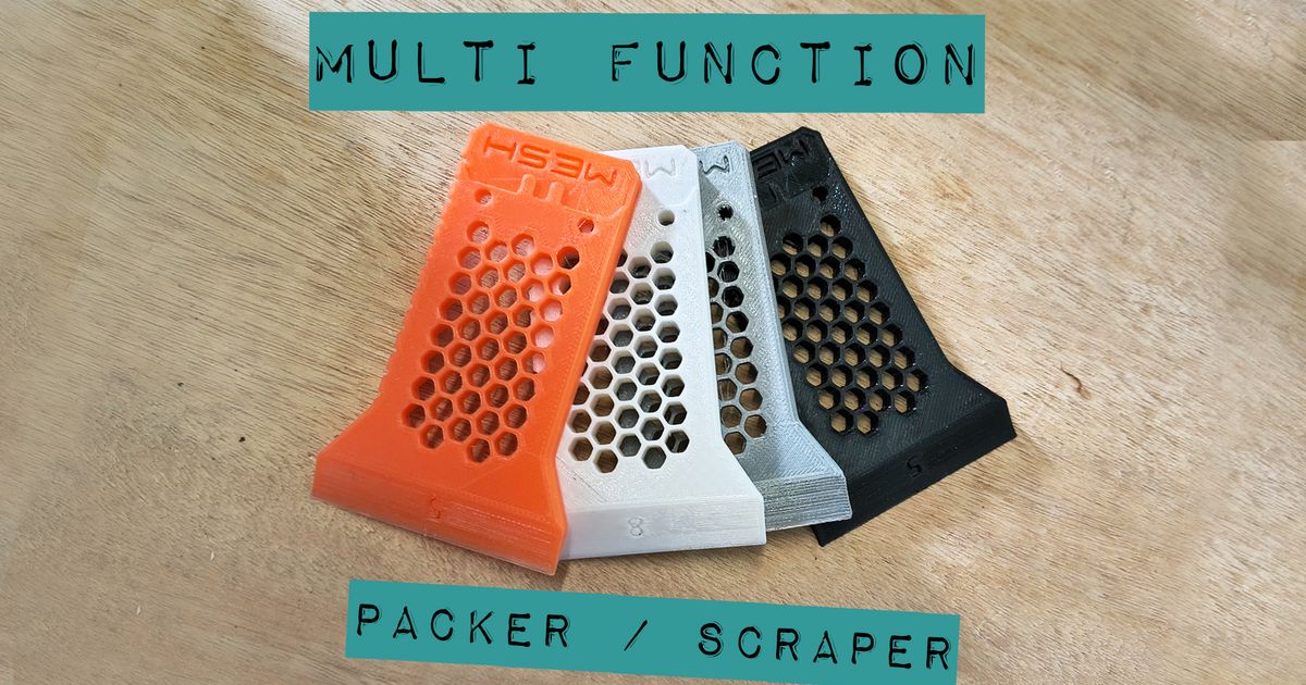3D printed workshop packer shim and scraper tool shown as a compact multi-use bench helper