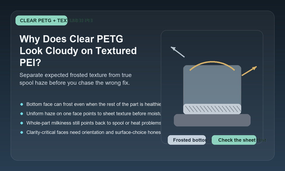 Illustration of a clear PETG cover on a textured PEI build sheet with a frosted bottom face, showing the difference between texture transfer and true material haze.