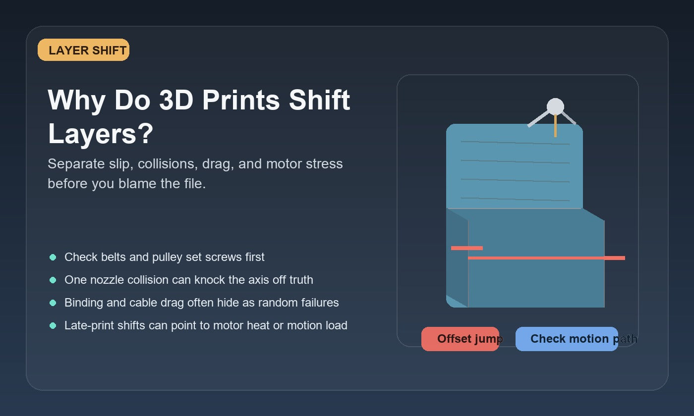 Illustration of a 3D print with a visible layer shift offset, highlighting belt slip, nozzle collision, motor stress, and motion drag as likely causes.