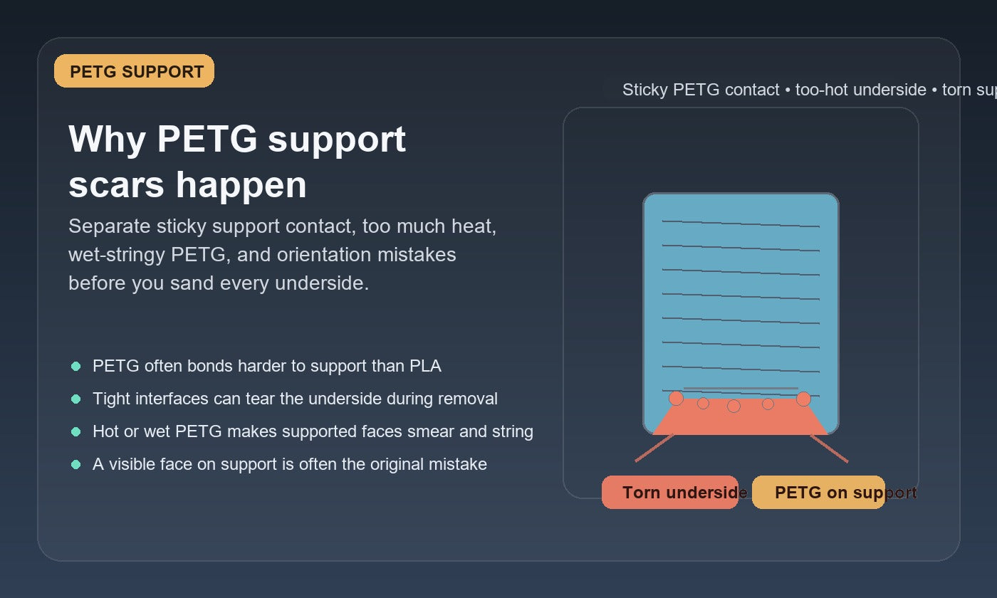 Illustration of a PETG print on support with a rough torn underside where sticky support contact left support scars.