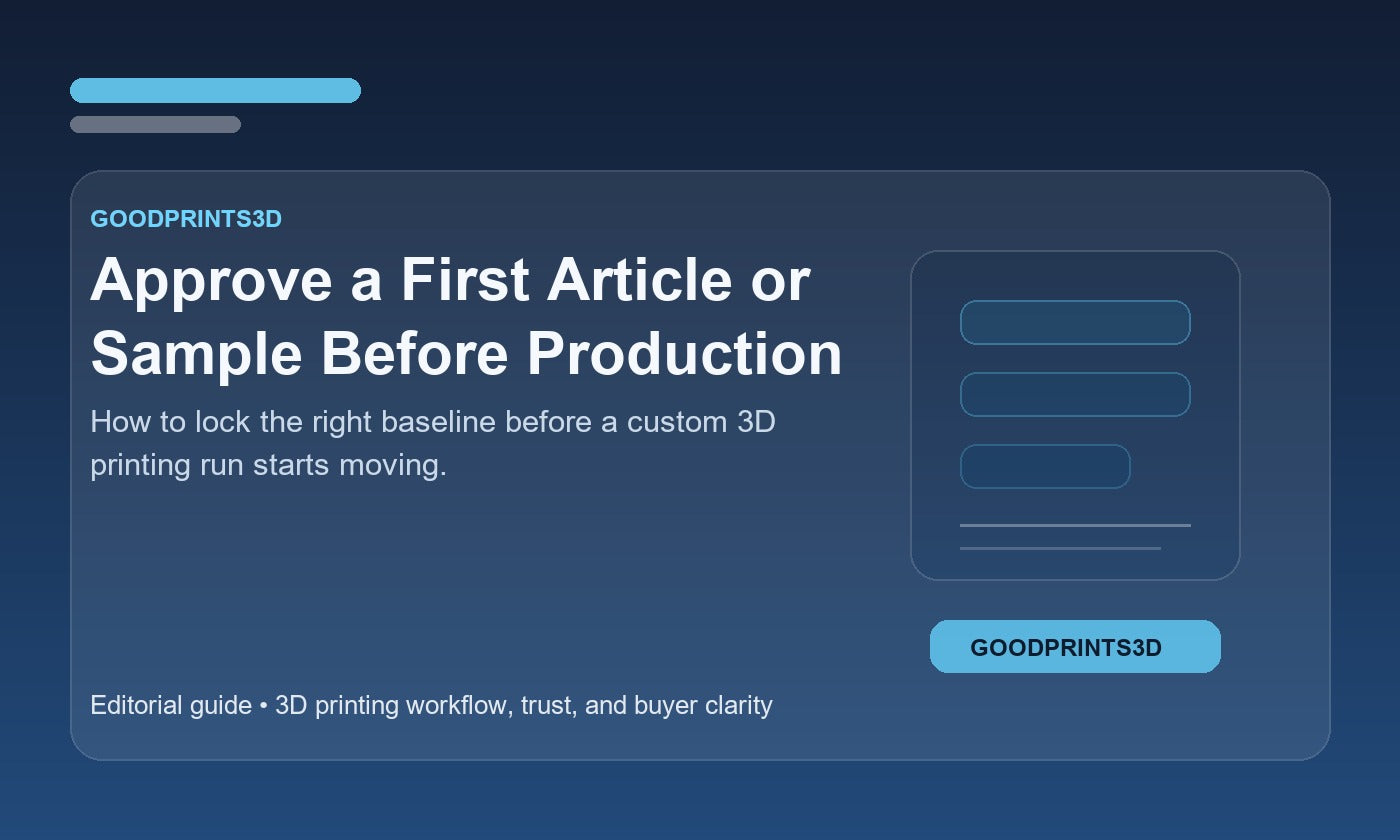 Branded GoodPrints3D article image for a guide about approving a first article or sample before a custom 3D printing production run.