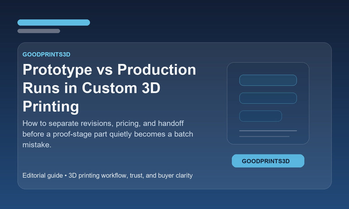Branded GoodPrints3D article image for a guide about prototype versus production runs in custom 3D printing.