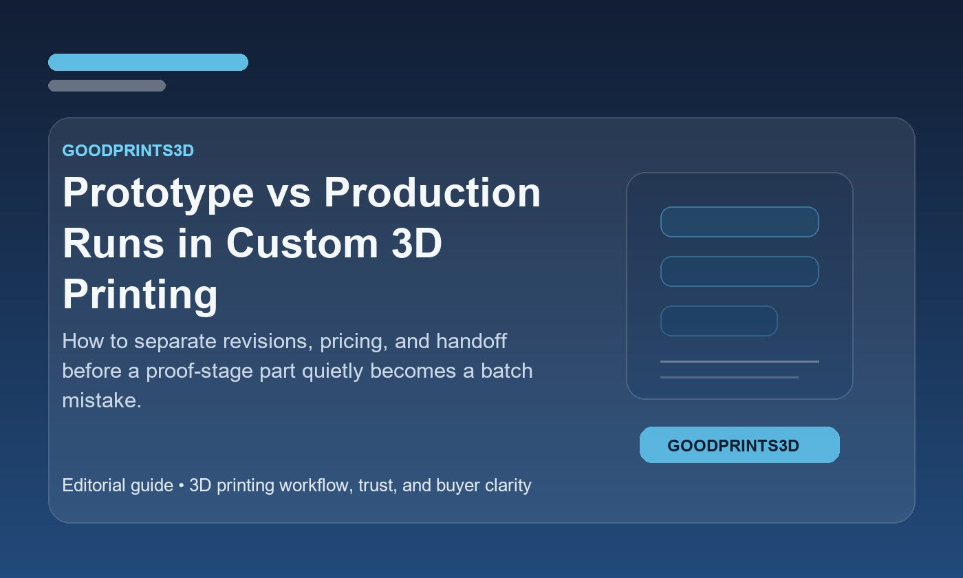 Branded GoodPrints3D article image for a guide about prototype versus production runs in custom 3D printing.