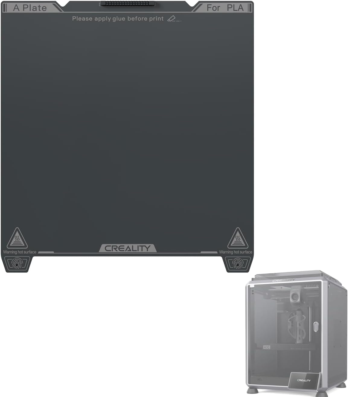 Creality 235 x 235 mm smooth PEI build plate for K1C with nozzle-wipe tab