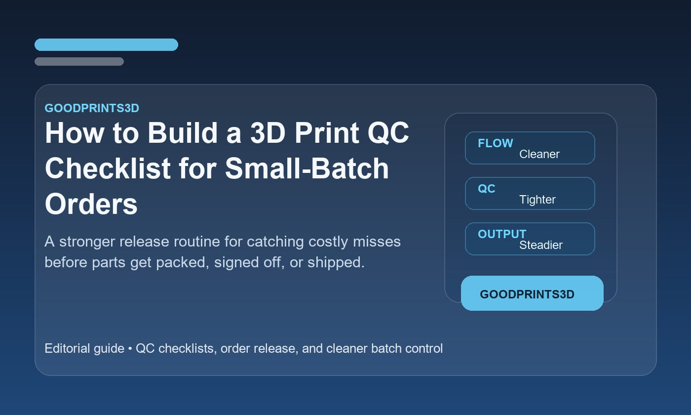 Branded GoodPrints3D article image for a guide about building a 3D print QC checklist for small-batch orders.