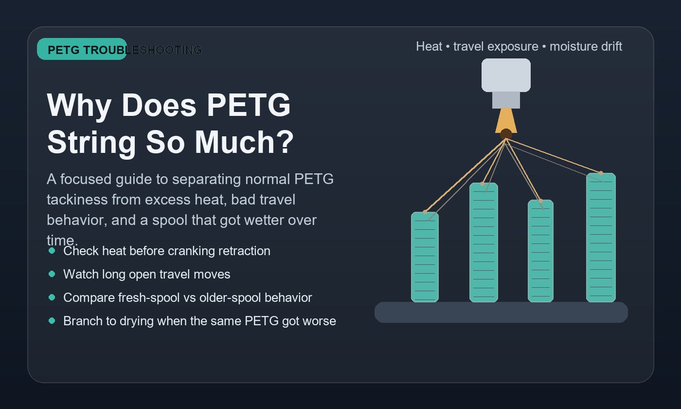 Illustration of PETG stringing between small 3D print towers under a nozzle, showing heat, travel exposure, and moisture as likely causes.