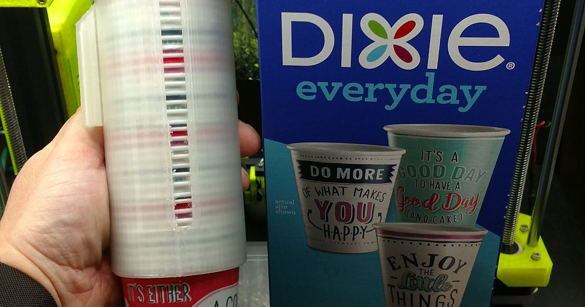 3D printed wall-mounted paper cup dispenser holding small disposable cups