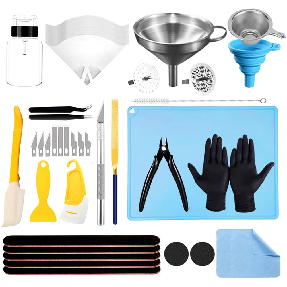 Resin 3D printer post-processing tool set with funnels, silicone mat, gloves, and cleanup tools