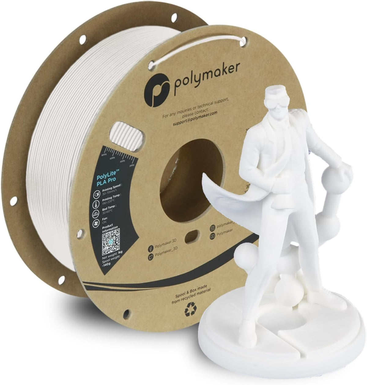 Polymaker PLA PRO Filament 1.75mm 1kg, Tough & High Rigidity White 3D Printing Filament, PolyLite PLA PRO 3D Printer Filament 1.75mm, Print with Most 3D Printers