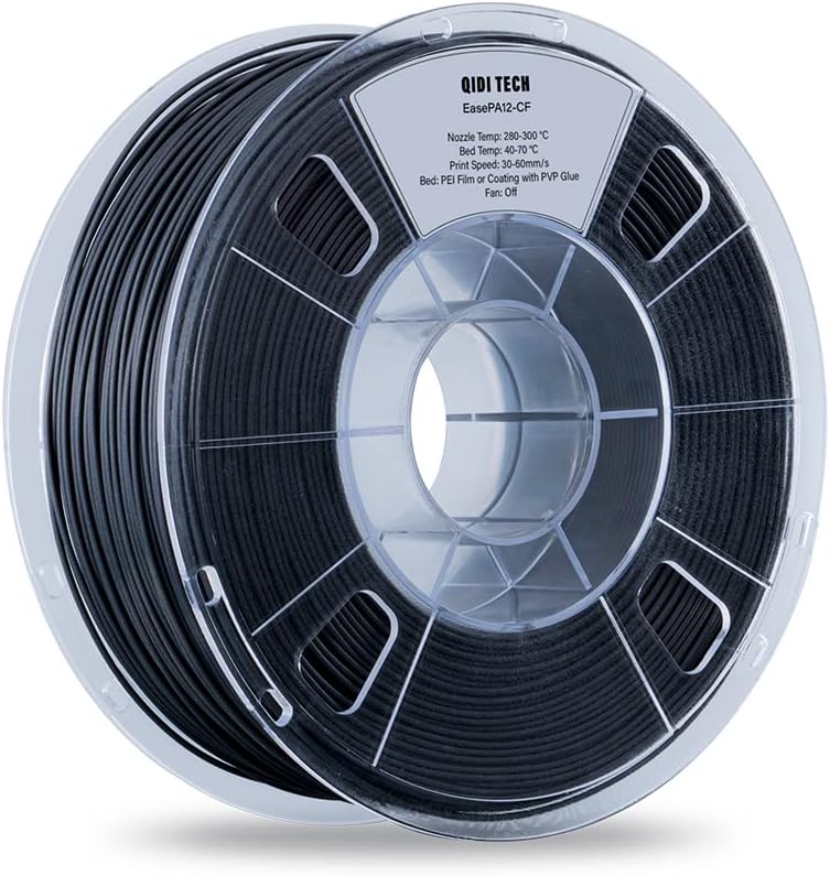 R QIDI TECHNOLOGY PA12-CF Nylon Filament 1.75 Black, Carbon Fiber Nylon Filament 1.75mm 1Kg Spool 3D Printer Filament, High Strength, High Precision, No Warpage, Low Moisture Sensitivity