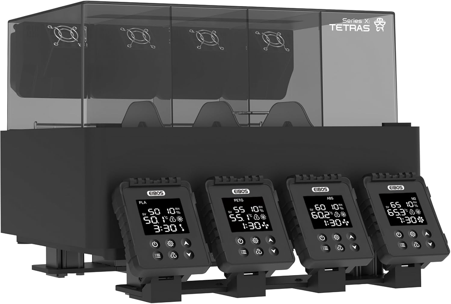 EIBOS Tetras 4-spool filament dryer with independent chamber control for 3D printing workflows