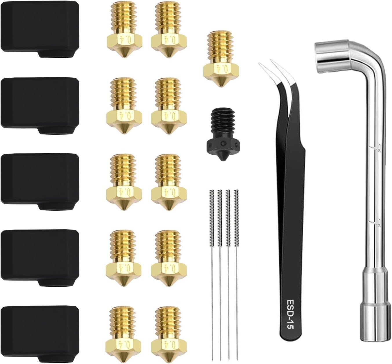 Prusa MK4 hotend nozzle kit with brass nozzles, hardened steel nozzle, silicone covers, and cleaning needles