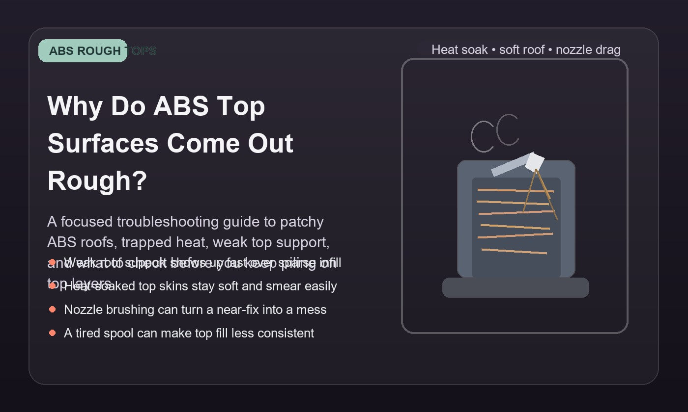 Illustration of a rough ABS top surface with patchy top skin, nozzle drag lines, and uneven fused top fill on a 3D printed rectangular part.