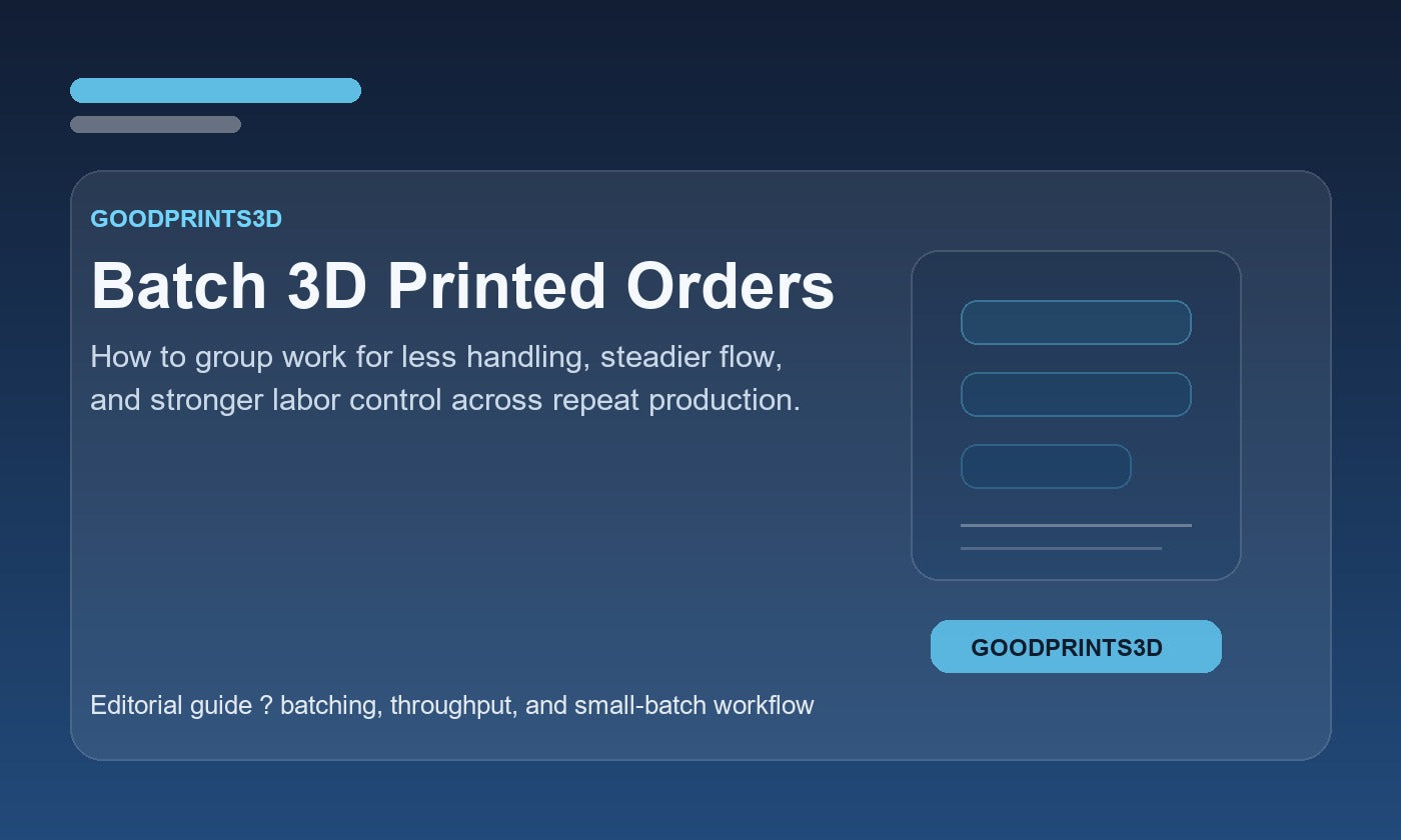Branded GoodPrints3D article image for a guide about batching 3D printed orders for less labor and better throughput.