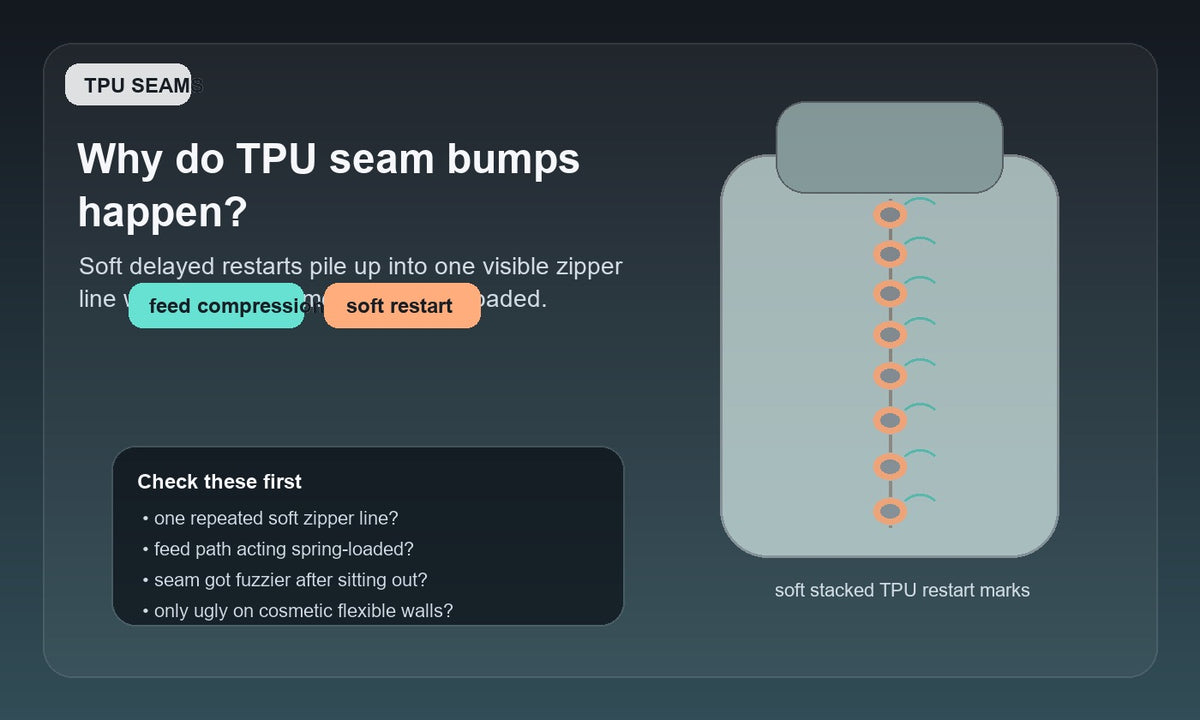 Illustration of a TPU print wall with one repeated zipper-like seam line and stacked soft seam bumps caused by delayed flexible-filament restarts.
