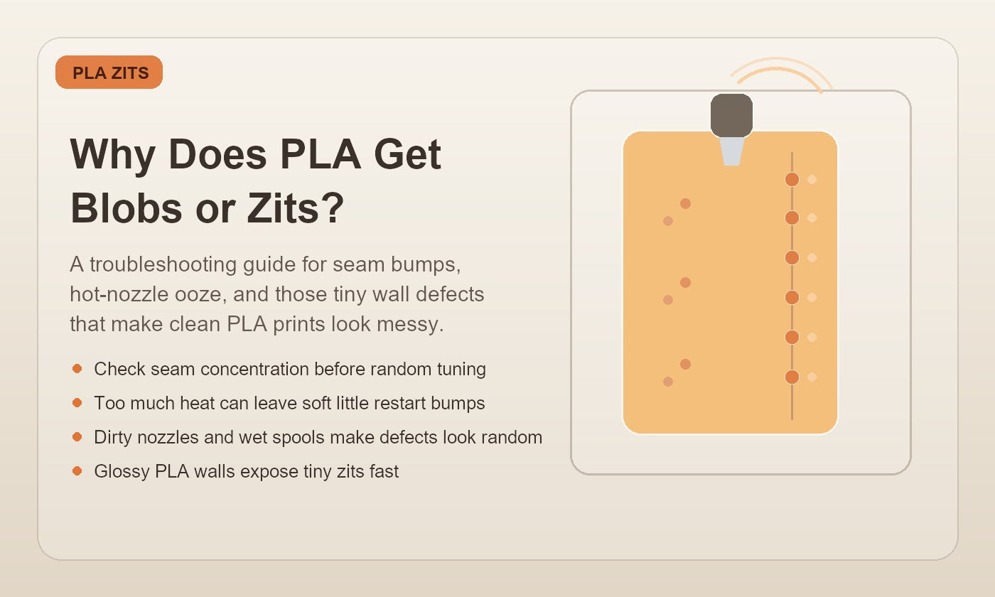 Illustration of a PLA 3D print showing small blobs and zits on an outer wall near a nozzle with a visible seam line.