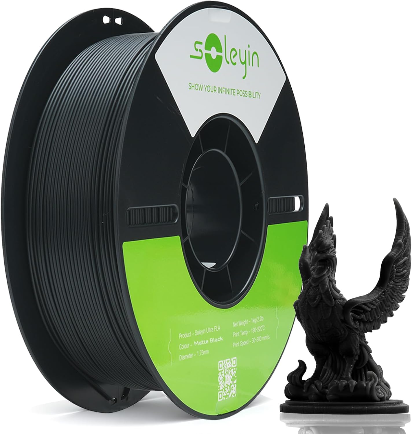 Creality Colorful Soleyin Ultra PLA 3D Printer Filament 1.75mm, 300mm/s Speed, +/-0.02mm Accuracy, Quick Cooling & Shaping, 1kg Spool (2.2lbs), for Creality Ender K1, K1C, K2 Pro/Plus (Matte Black)