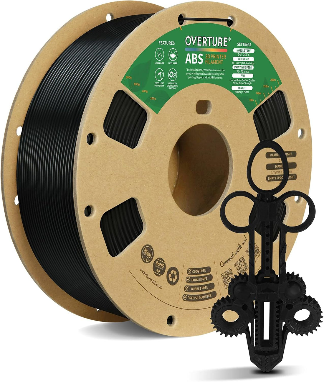 OVERTURE ABS filament for enclosed-printer functional parts and tougher utility prints