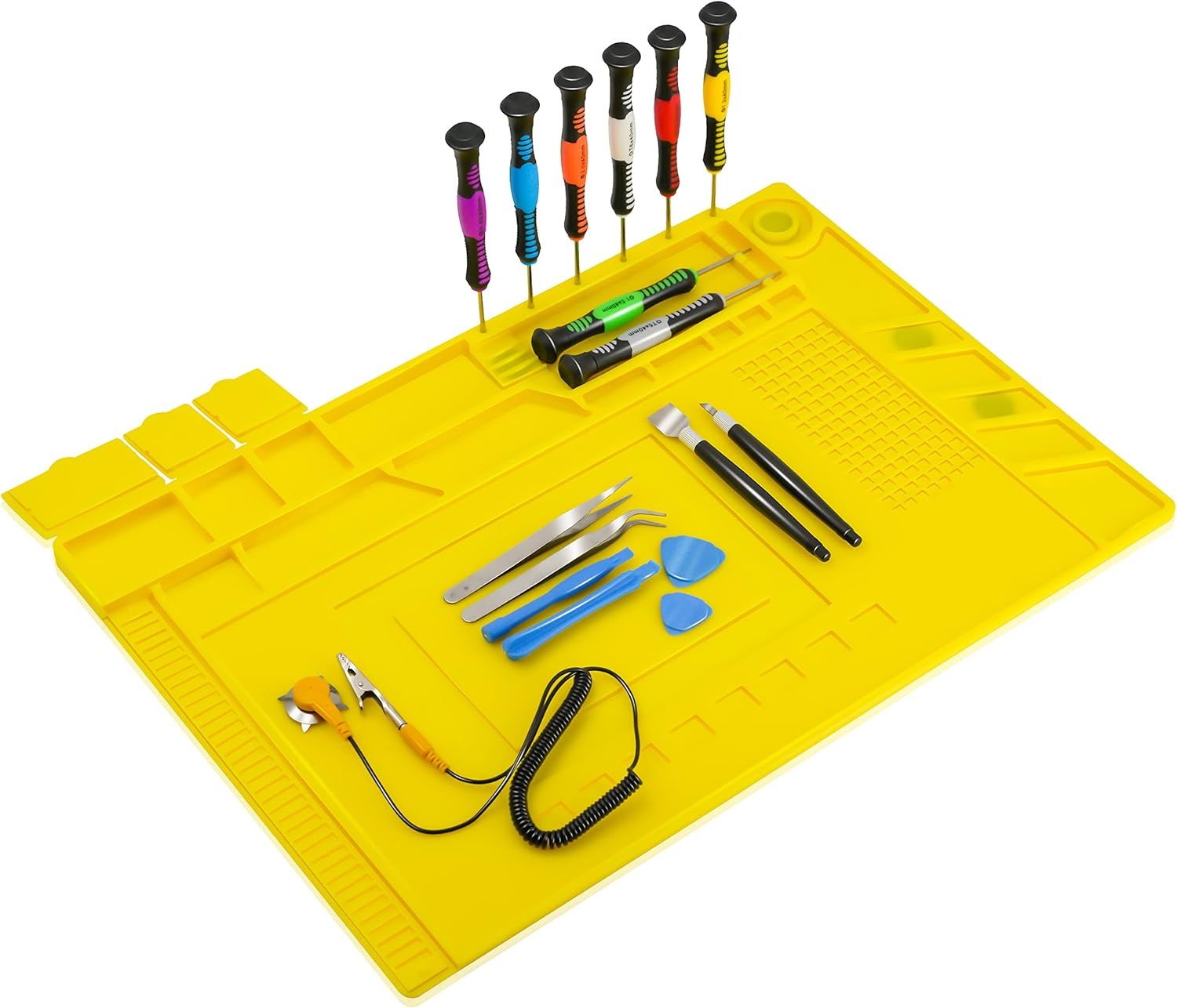 KOTTO Anti-Static ESD Safe Magnetic Soldering Mat, Silicone Repair Mat, includes Repair Tools Kit and Anti Static Grounding Wire for BGA Soldering Iron, Heat Gun, Cell Phone Laptop (Yellow Mat)