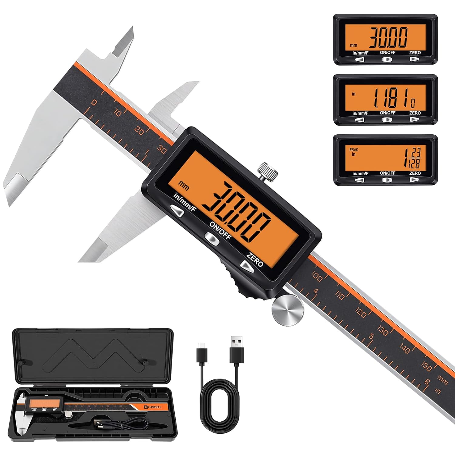HARDELL rechargeable digital caliper with orange non-backlit LCD