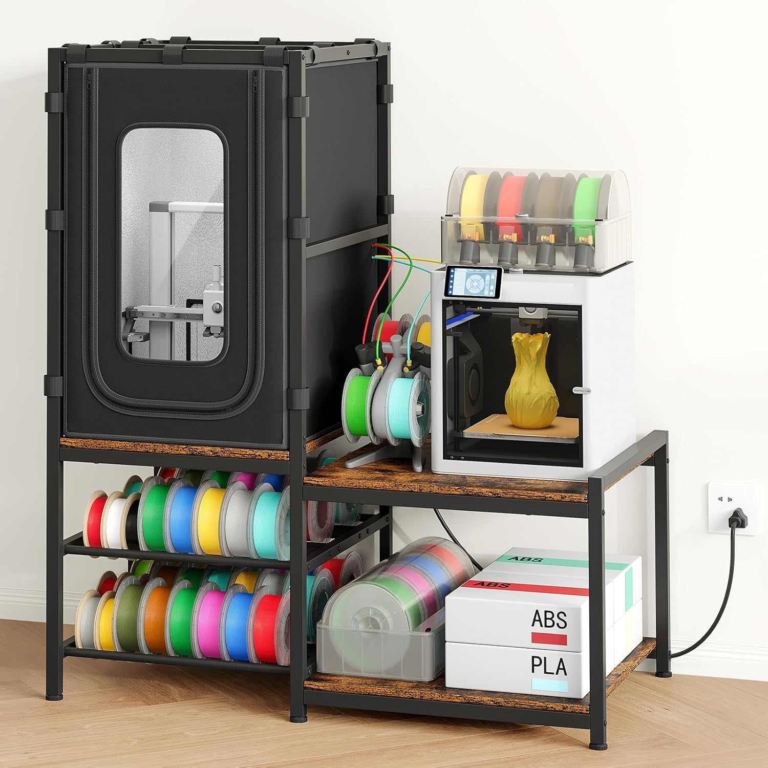 ikkle 3D Printer Cabinet with enclosure cover and filament storage stand